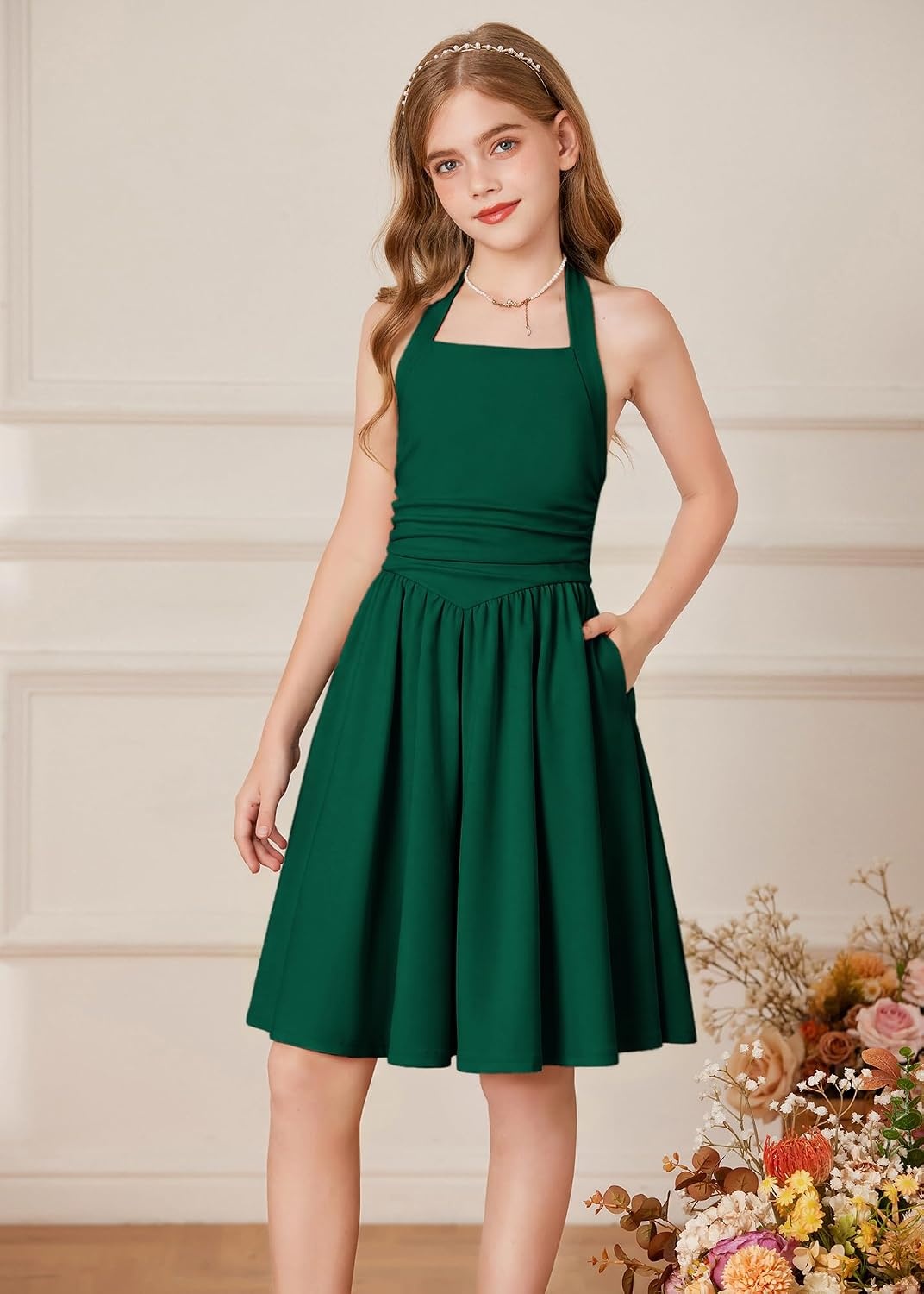 image:imageGRACE KARIN Girls Halter Birthday Party Formal Tie Back Dresses with PocketDark Green