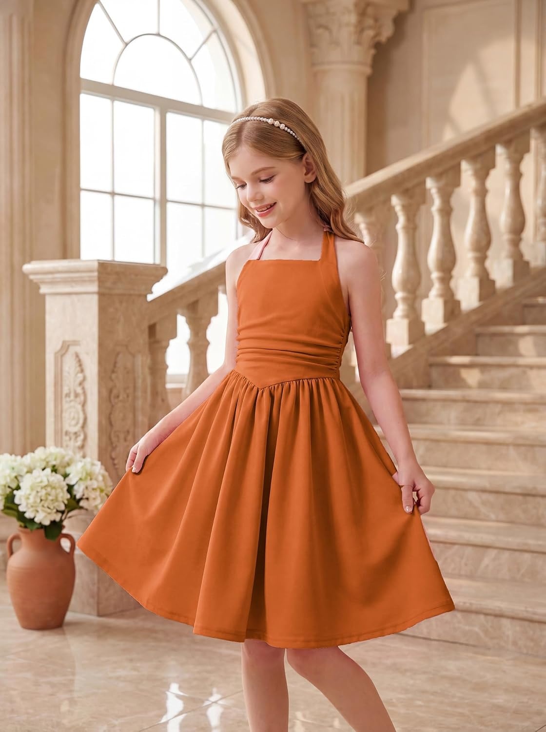 image:imageGRACE KARIN Girls Halter Birthday Party Formal Tie Back Dresses with PocketPumpkin Orange