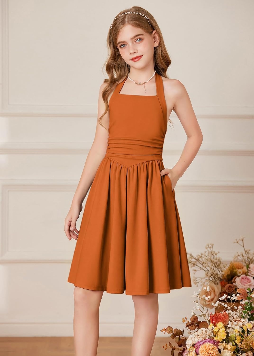 image:imageGRACE KARIN Girls Halter Birthday Party Formal Tie Back Dresses with PocketPumpkin Orange