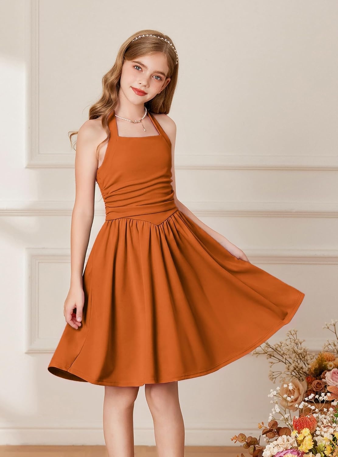 image:imageGRACE KARIN Girls Halter Birthday Party Formal Tie Back Dresses with PocketPumpkin Orange