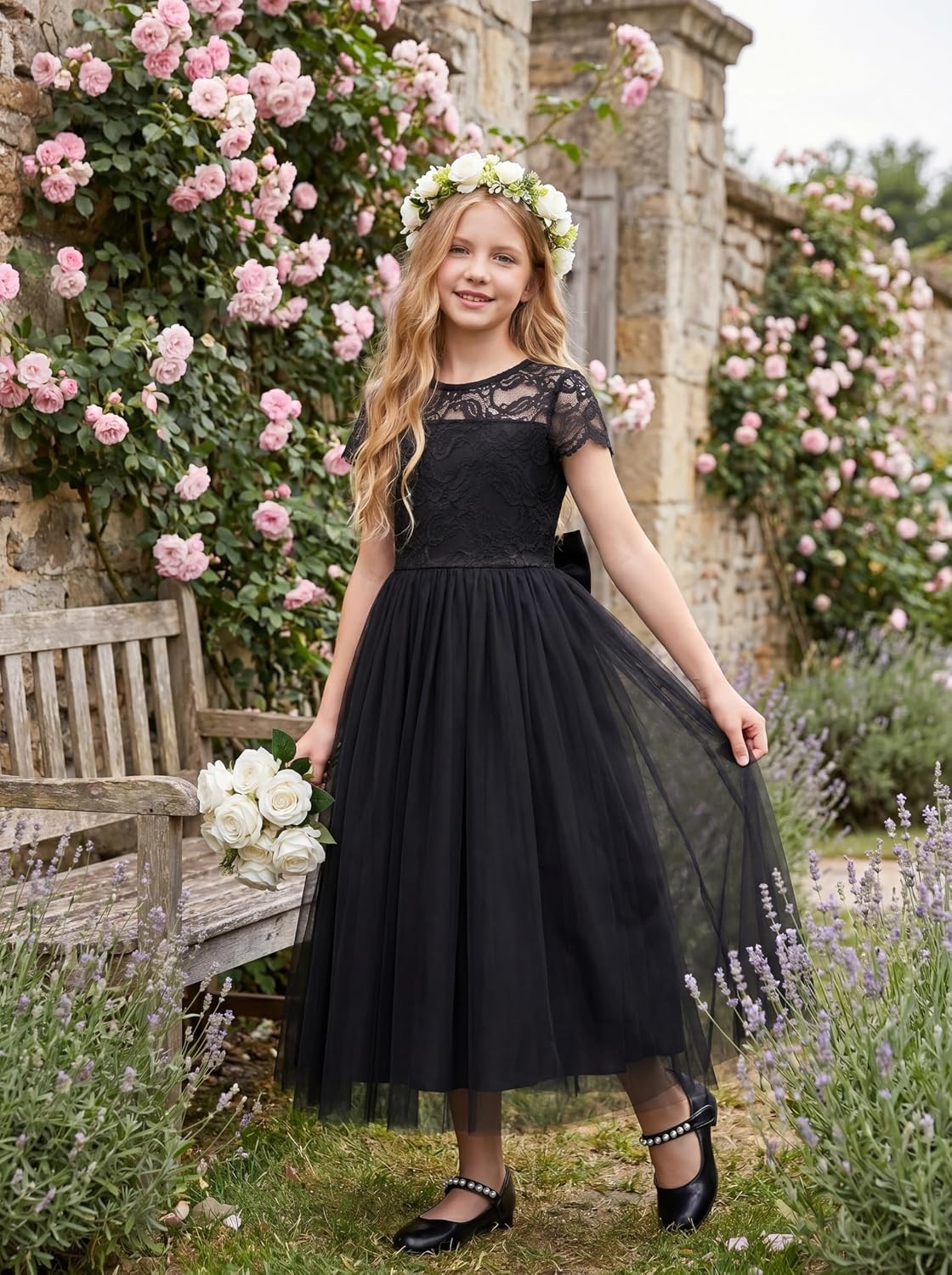 image:imageGRACE KARIN Flower Girl Dress Big Bow Kids Lace Tulle Princess Wedding GownBlack Long