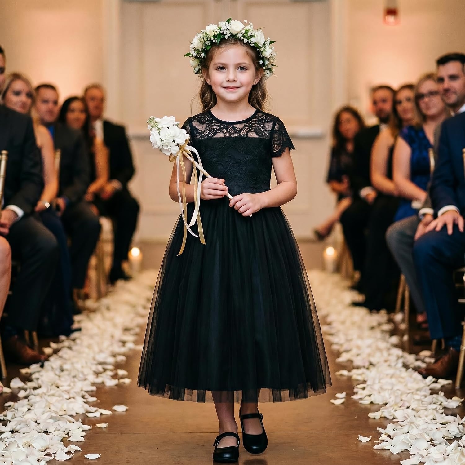 image:imageGRACE KARIN Flower Girl Dress Big Bow Kids Lace Tulle Princess Wedding GownBlack Long