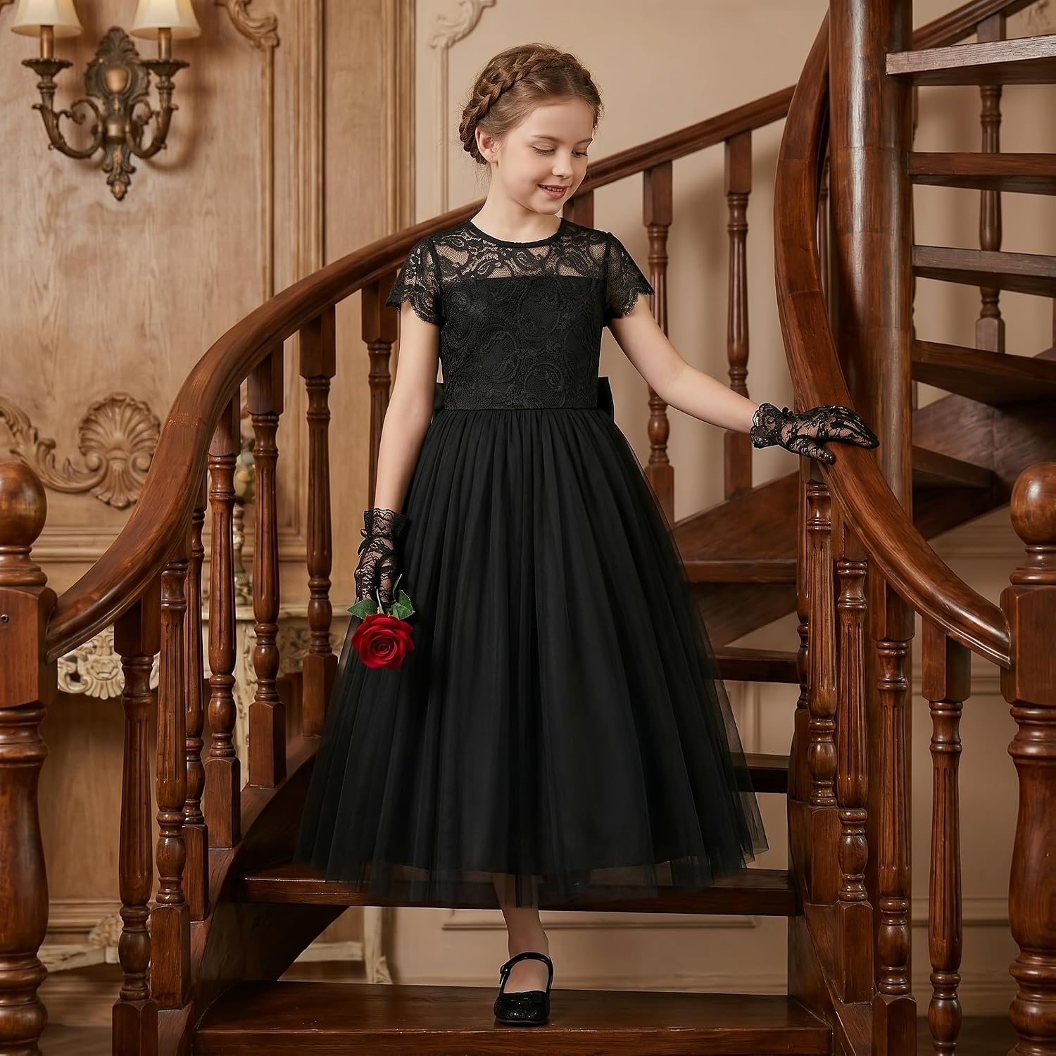 image:imageGRACE KARIN Flower Girl Dress Big Bow Kids Lace Tulle Princess Wedding GownBlack Long