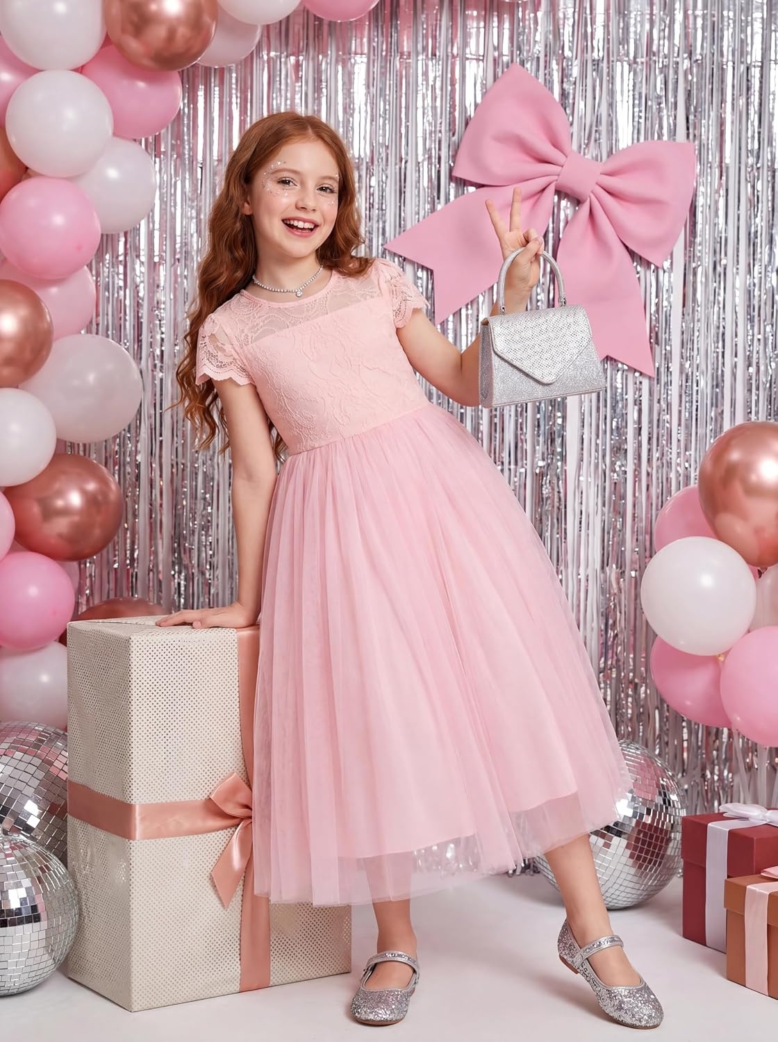 image:imageGRACE KARIN Flower Girl Dress Big Bow Kids Lace Tulle Princess Wedding GownBlush Pink Long