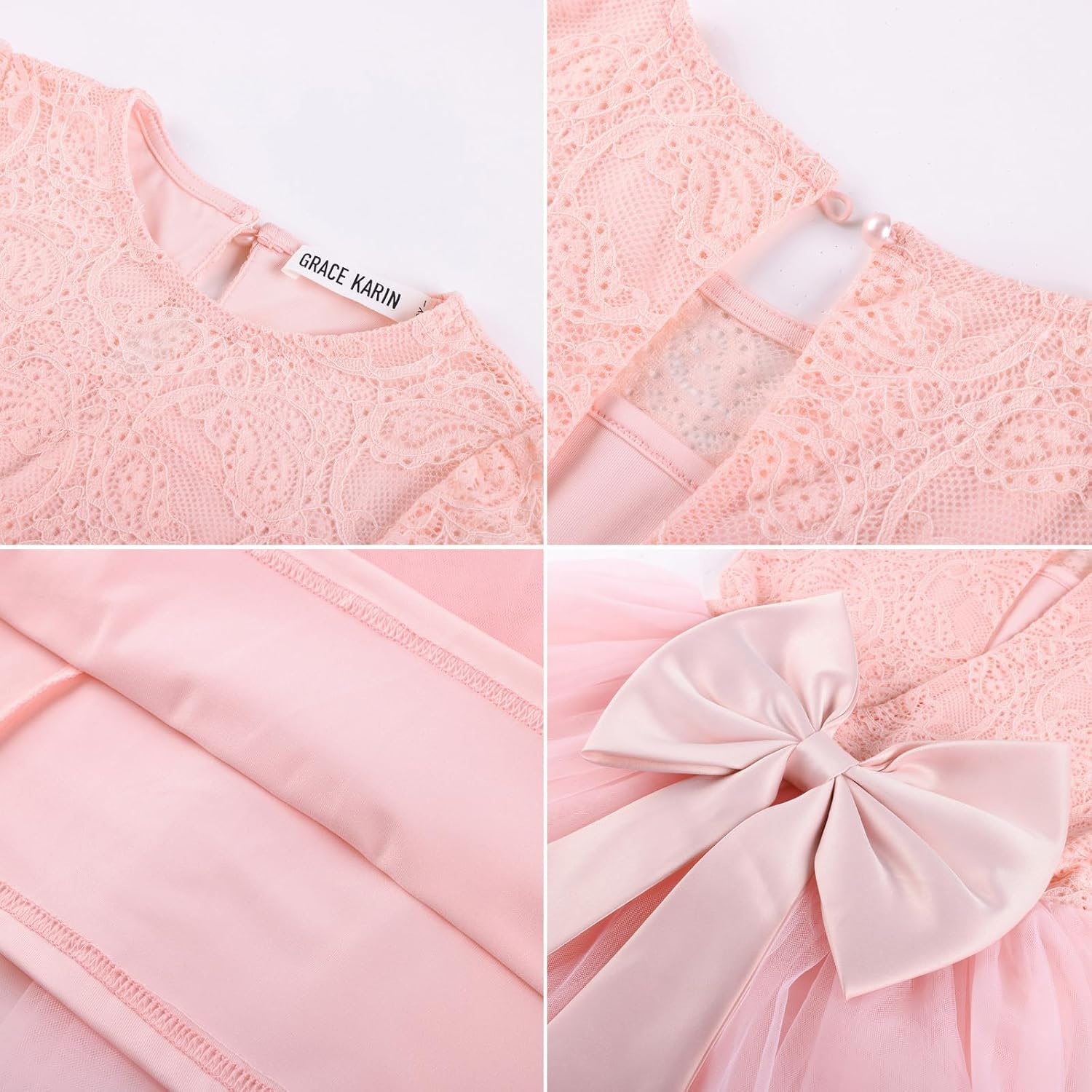 image:imageGRACE KARIN Flower Girl Dress Big Bow Kids Lace Tulle Princess Wedding GownBlush Pink Long