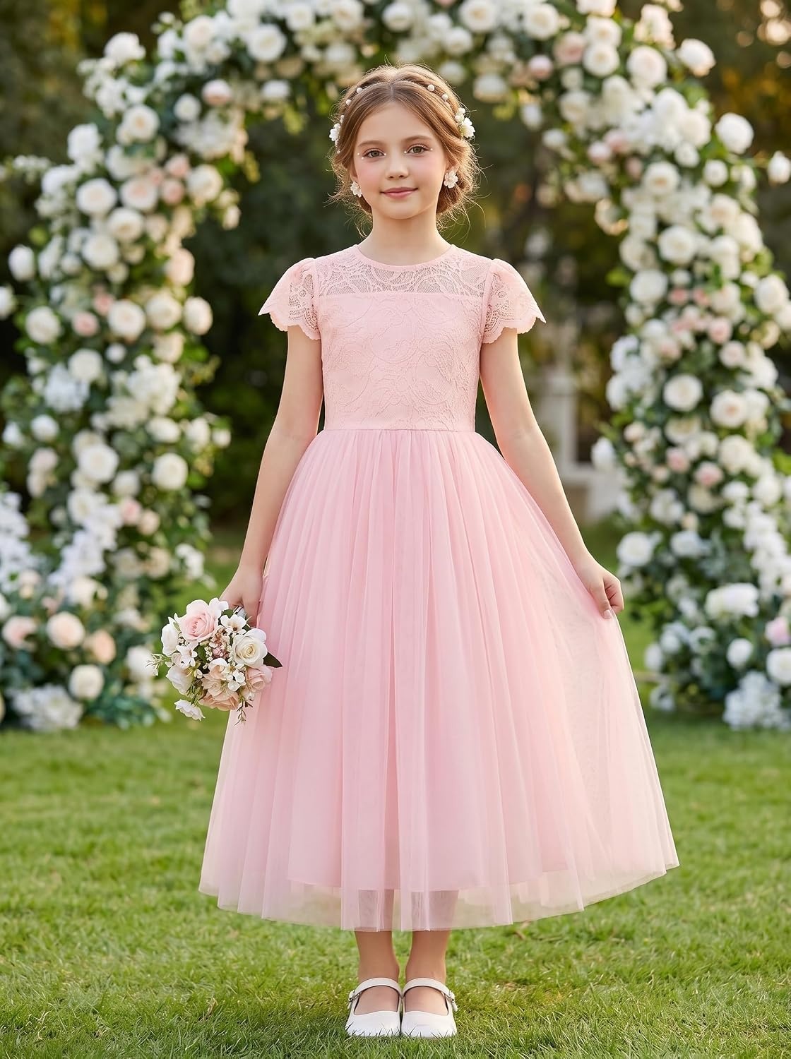 image:imageGRACE KARIN Flower Girl Dress Big Bow Kids Lace Tulle Princess Wedding GownBlush Pink Long