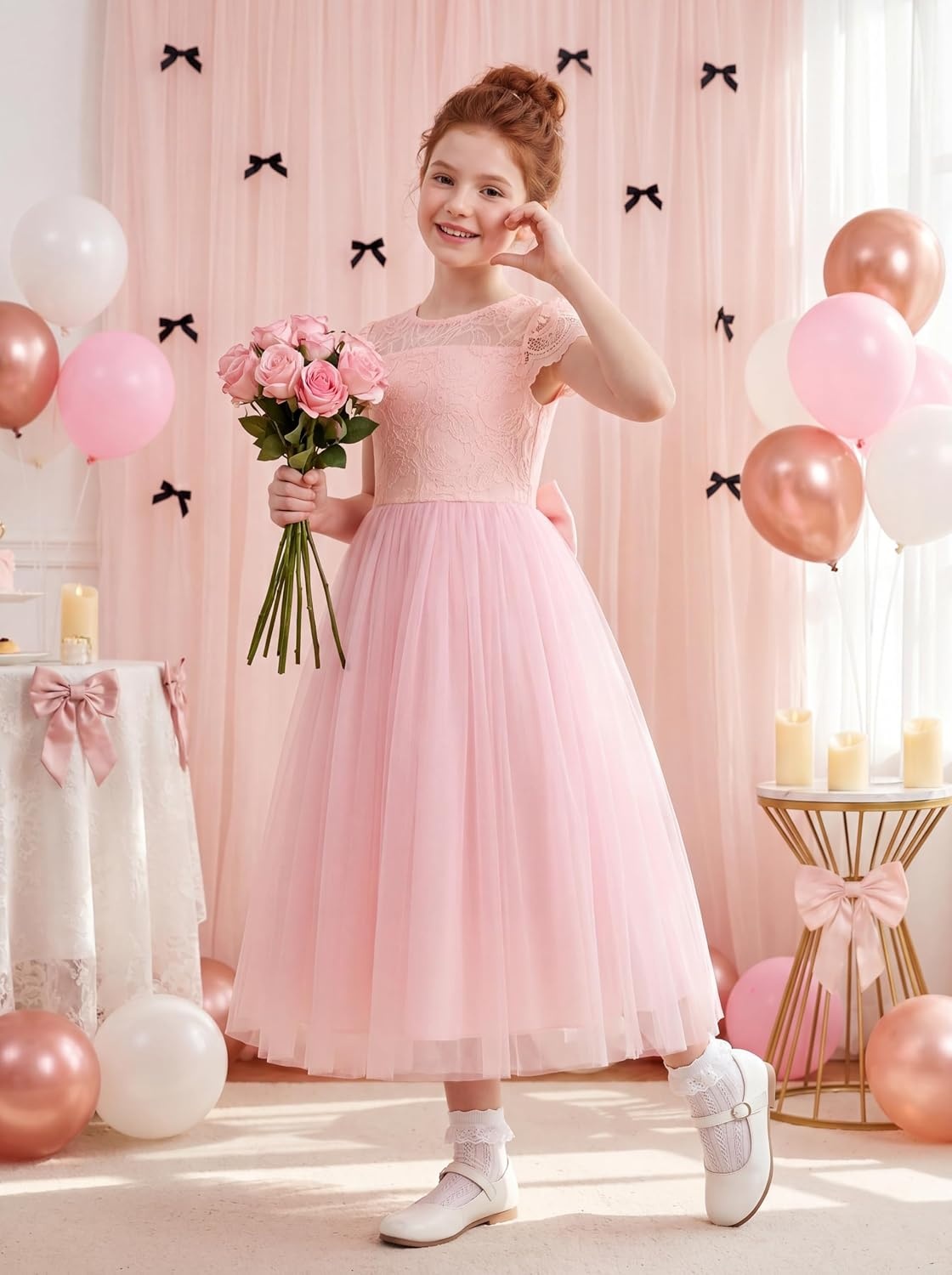 image:imageGRACE KARIN Flower Girl Dress Big Bow Kids Lace Tulle Princess Wedding GownBlush Pink Long