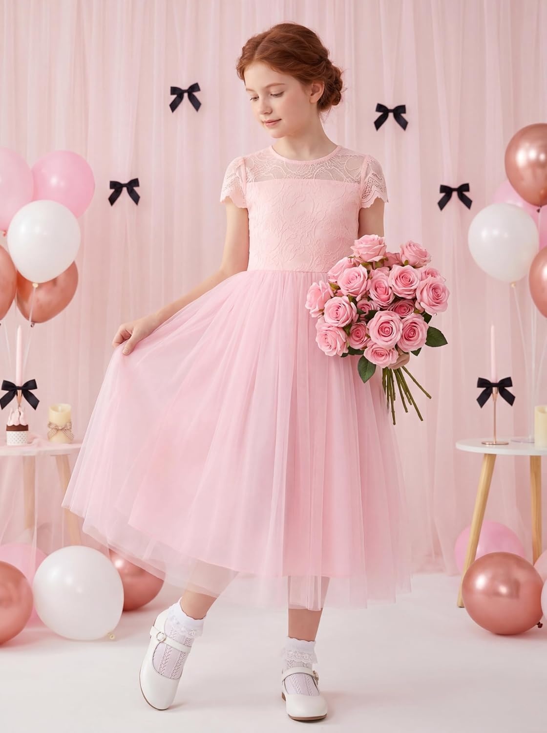 image:imageGRACE KARIN Flower Girl Dress Big Bow Kids Lace Tulle Princess Wedding GownBlush Pink Long