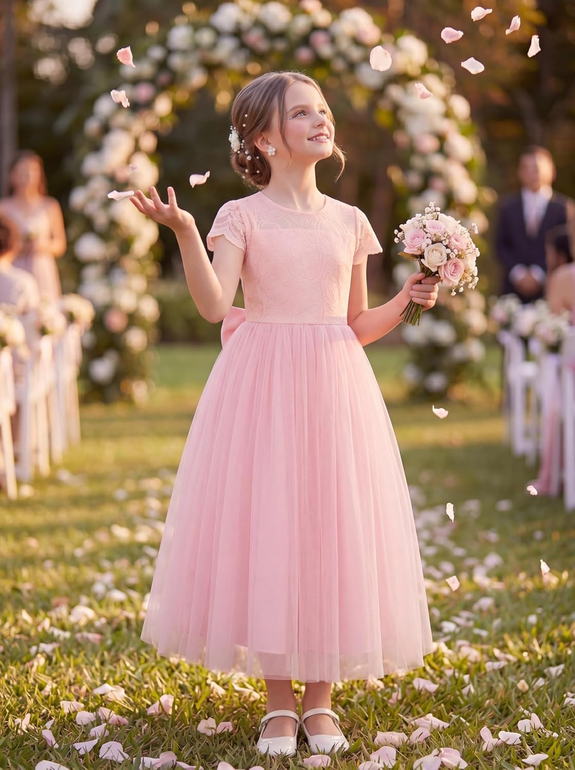 image:imageGRACE KARIN Flower Girl Dress Big Bow Kids Lace Tulle Princess Wedding GownBlush Pink Long