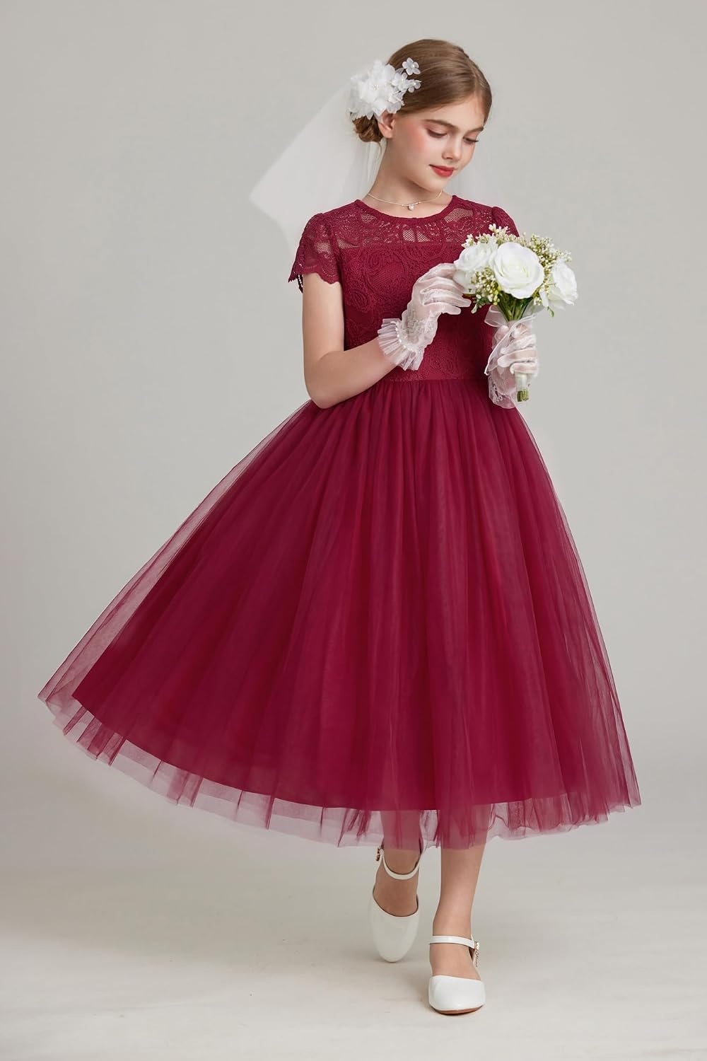 image:imageGRACE KARIN Flower Girl Dress Big Bow Kids Lace Tulle Princess Wedding GownBurgundy Long