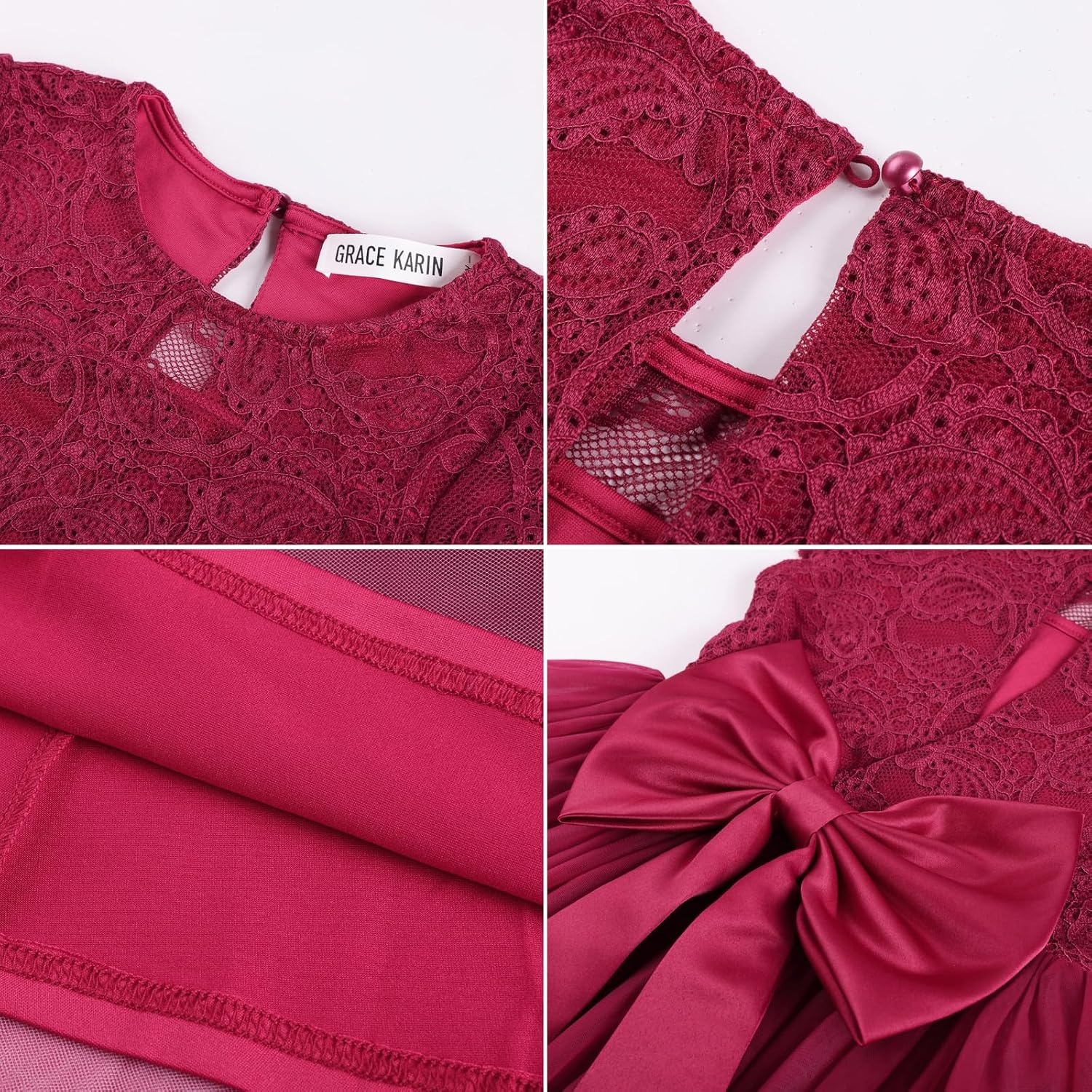 image:imageGRACE KARIN Flower Girl Dress Big Bow Kids Lace Tulle Princess Wedding GownBurgundy Long