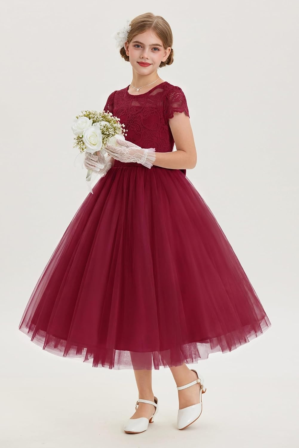 image:imageGRACE KARIN Flower Girl Dress Big Bow Kids Lace Tulle Princess Wedding GownBurgundy Long