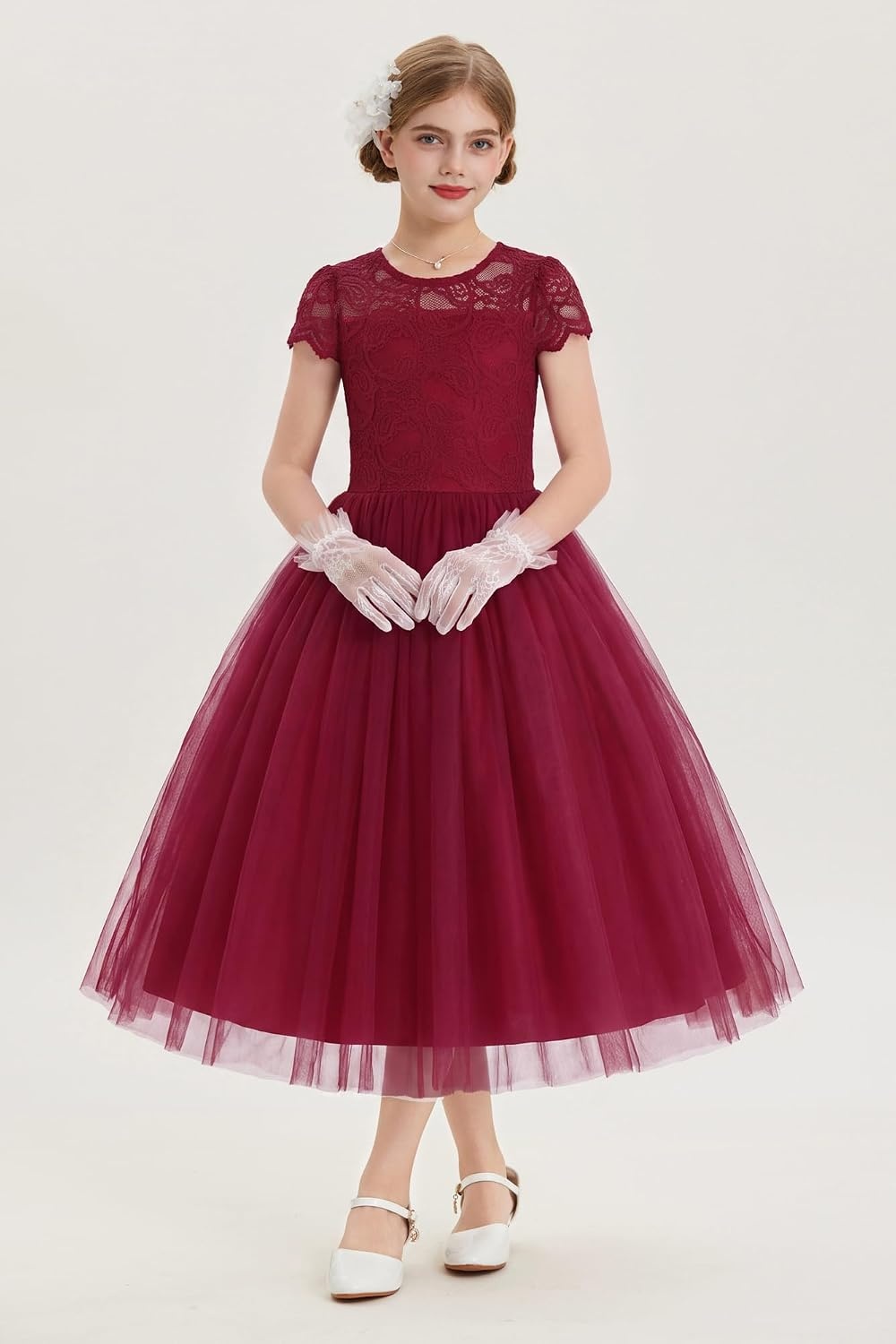 image:imageGRACE KARIN Flower Girl Dress Big Bow Kids Lace Tulle Princess Wedding GownBurgundy Long
