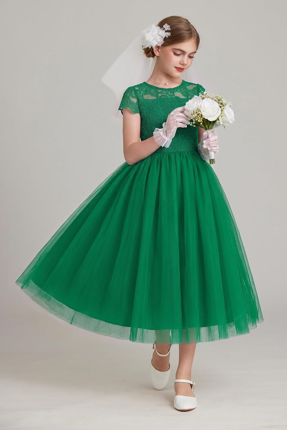 image:imageGRACE KARIN Flower Girl Dress Big Bow Kids Lace Tulle Princess Wedding GownDark Green Long