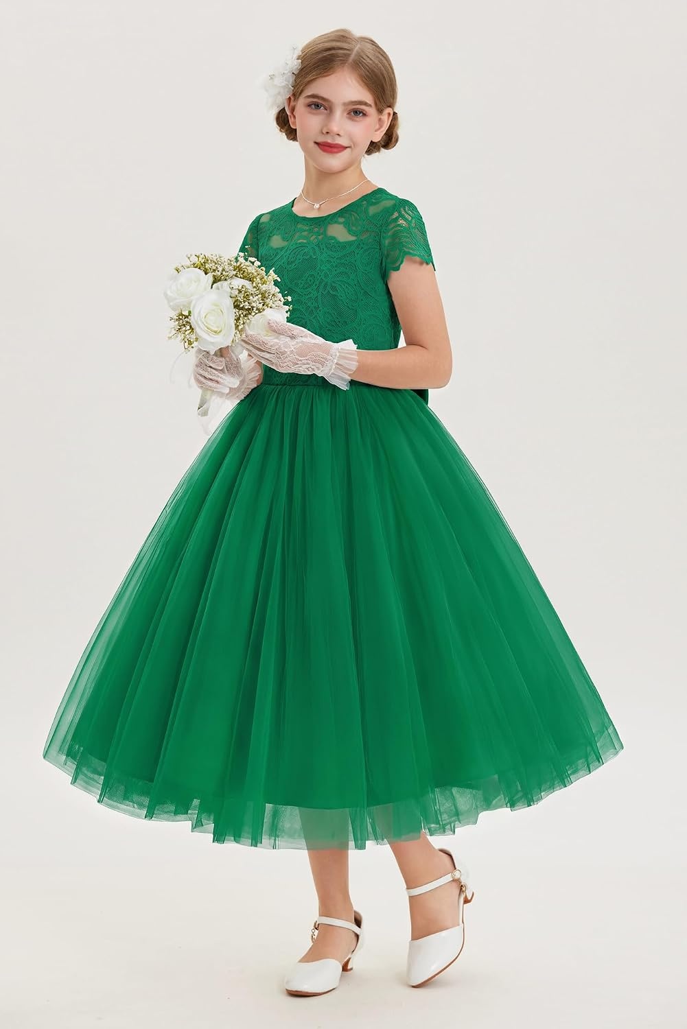 image:imageGRACE KARIN Flower Girl Dress Big Bow Kids Lace Tulle Princess Wedding GownDark Green Long
