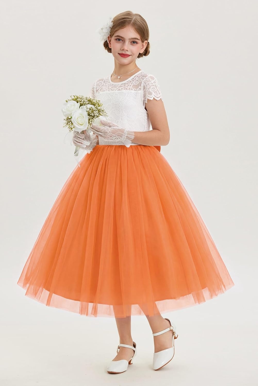 image:imageGRACE KARIN Flower Girl Dress Big Bow Kids Lace Tulle Princess Wedding GownPumpkin Orange Long