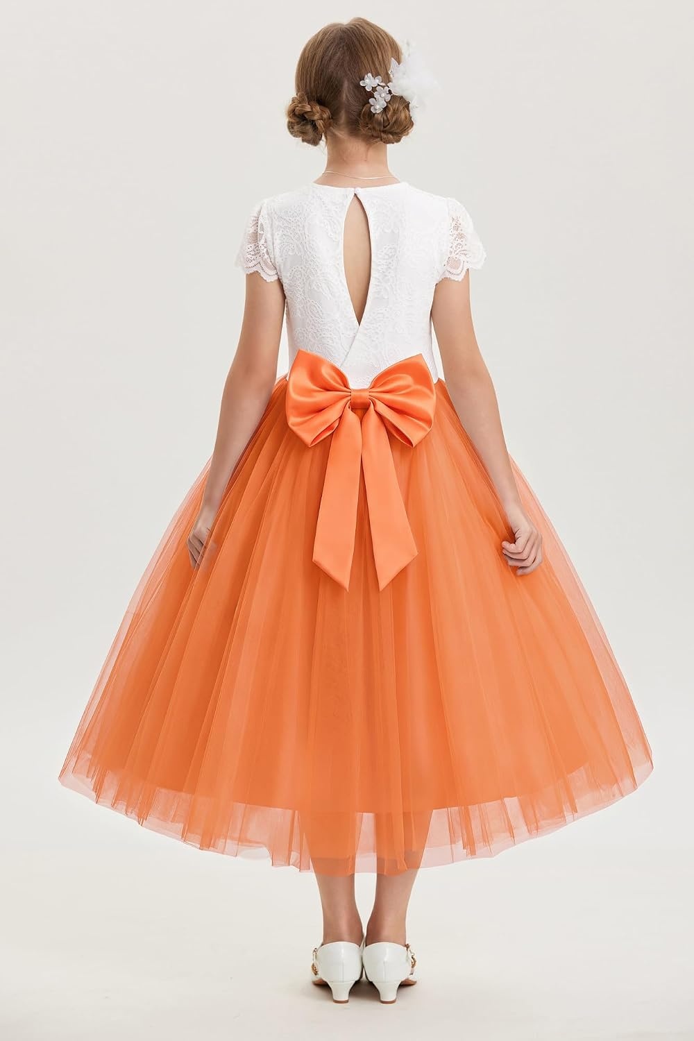 image:imageGRACE KARIN Flower Girl Dress Big Bow Kids Lace Tulle Princess Wedding GownPumpkin Orange Long