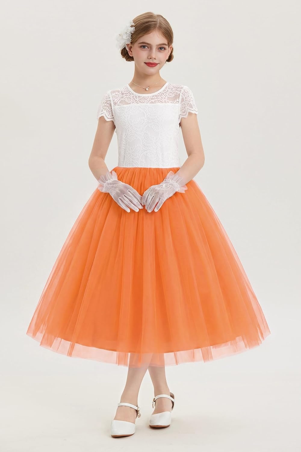 image:imageGRACE KARIN Flower Girl Dress Big Bow Kids Lace Tulle Princess Wedding GownPumpkin Orange Long