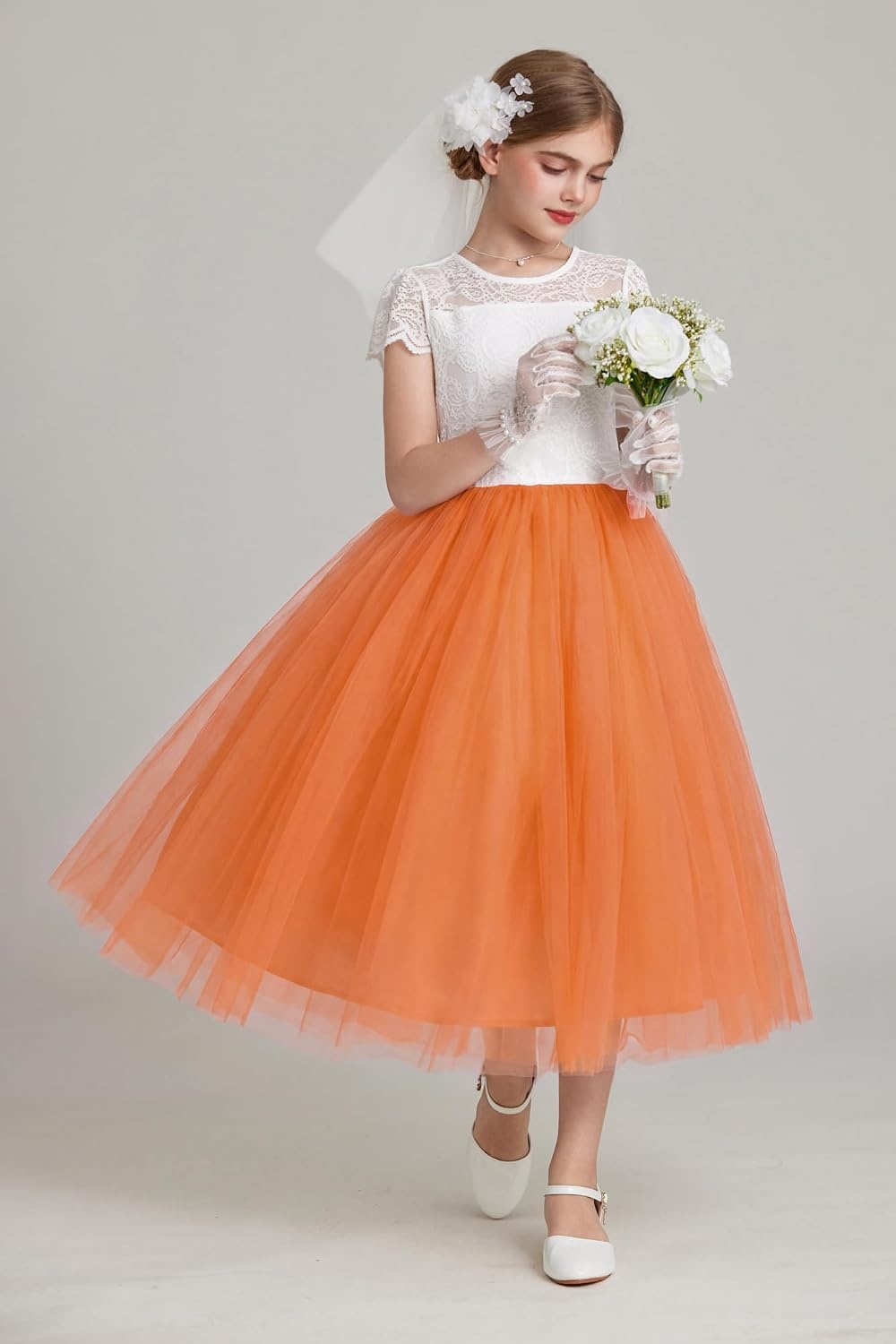 image:imageGRACE KARIN Flower Girl Dress Big Bow Kids Lace Tulle Princess Wedding GownPumpkin Orange Long