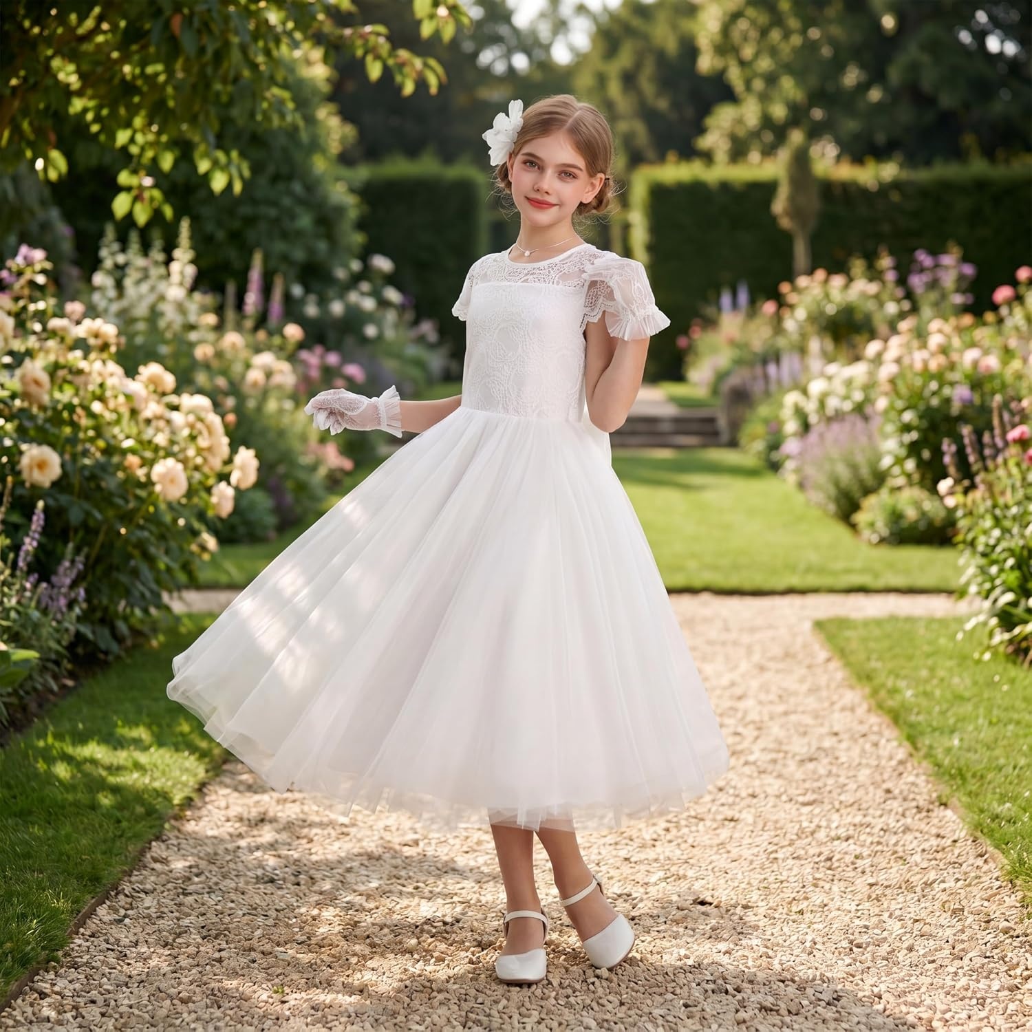 image:imageGRACE KARIN Flower Girl Dress Big Bow Kids Lace Tulle Princess Wedding GownWhite Long