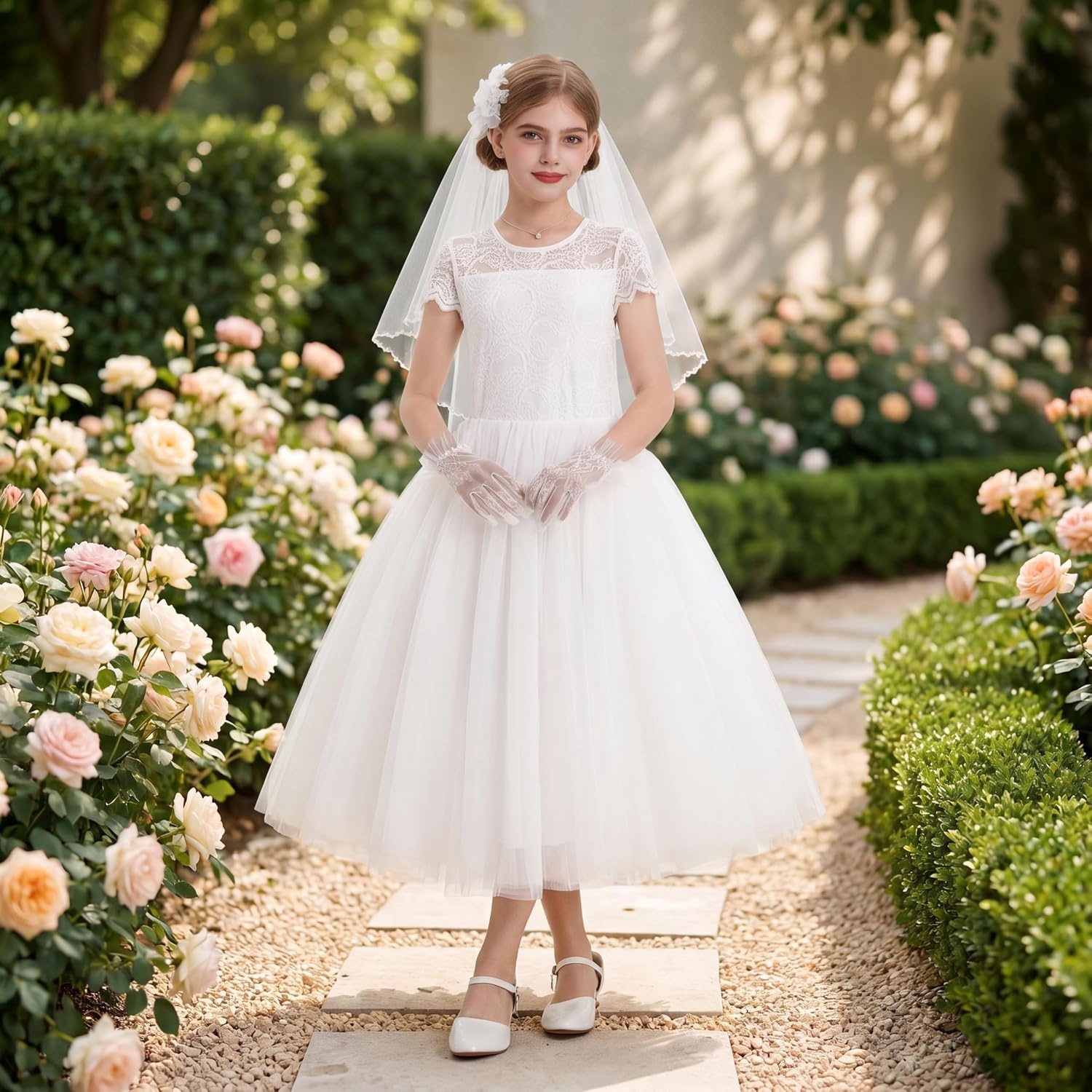 image:imageGRACE KARIN Flower Girl Dress Big Bow Kids Lace Tulle Princess Wedding GownWhite Long