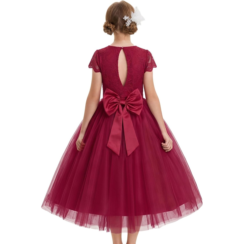 image:imageGRACE KARIN Flower Girl Dress Big Bow Kids Lace Tulle Princess Wedding GownBurgundy Long