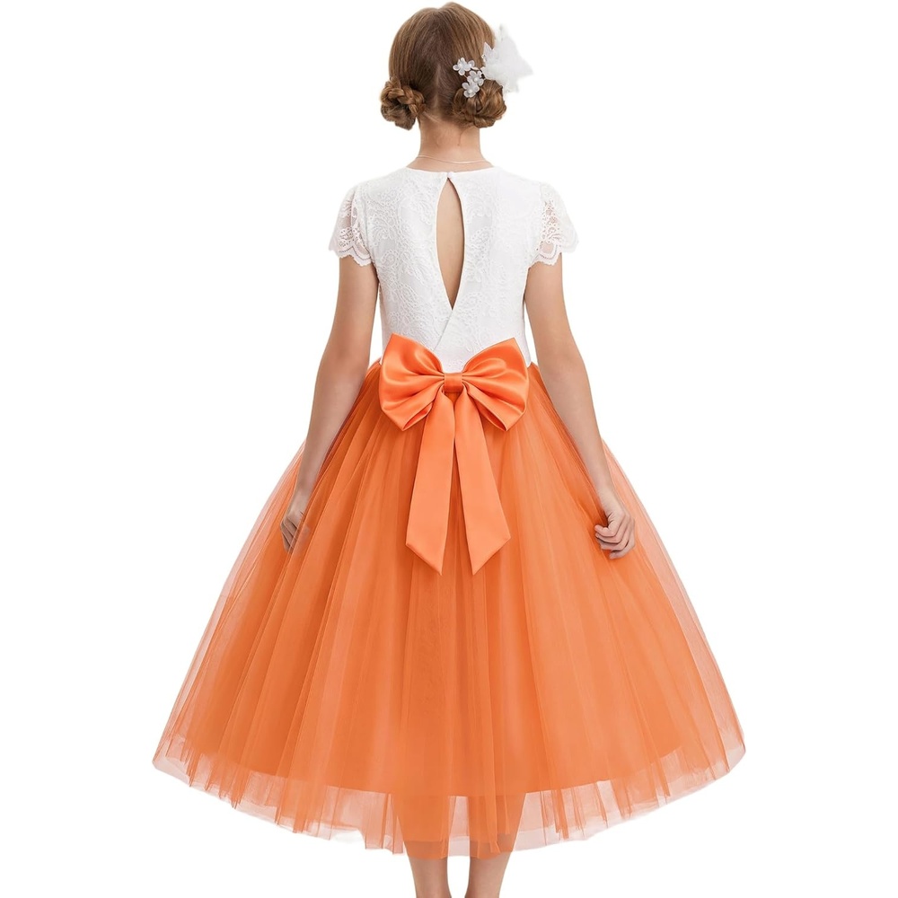 image:imageGRACE KARIN Flower Girl Dress Big Bow Kids Lace Tulle Princess Wedding GownPumpkin Orange Long