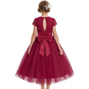 GRACE KARIN Flower Girl Dress Big Bow Kids Lace Tulle Princess Wedding Gown(Burgundy Long)