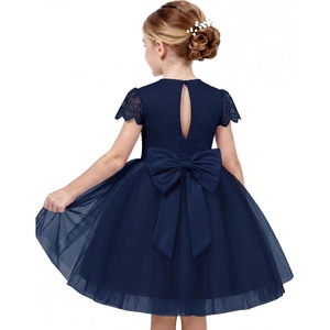GRACE KARIN Flower Girl Dress Big Bow Kids Lace Tulle Princess Wedding Gown(Navy)