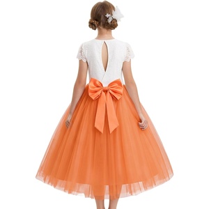 GRACE KARIN Flower Girl Dress Big Bow Kids Lace Tulle Princess Wedding Gown(Pumpkin Orange Long)