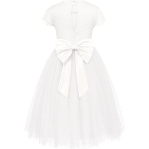 GRACE KARIN Flower Girl Dress Big Bow Kids Lace Tulle Princess Wedding Gown(White Long)