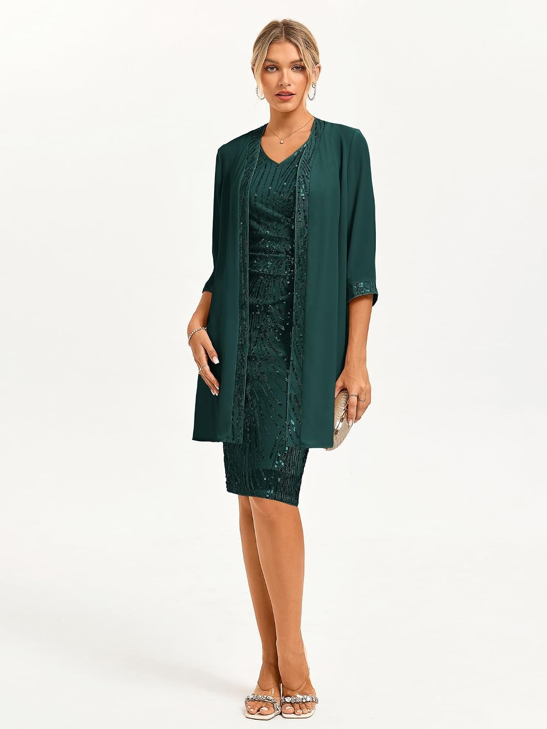 image:imageGRACE KARIN Wedding Guest Dress Two Piece Sequin Mother of Bride DressesDark Green