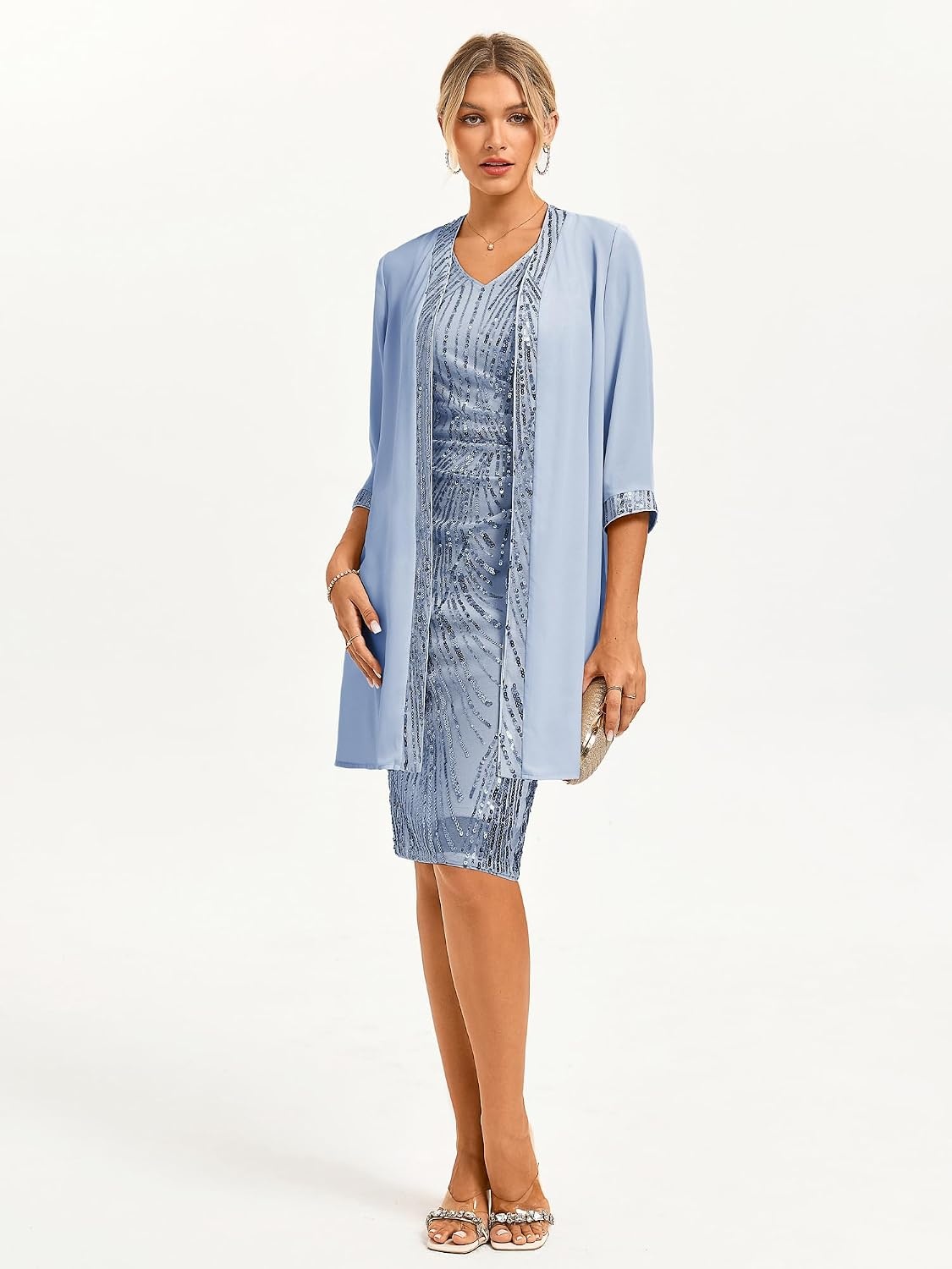 image:imageGRACE KARIN Wedding Guest Dress Two Piece Sequin Mother of Bride DressesGray Blue