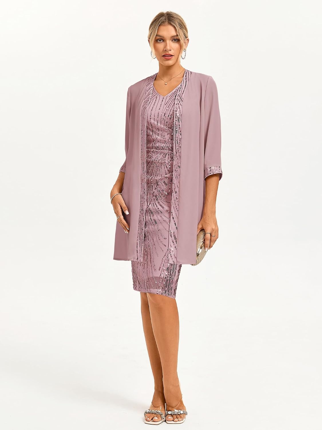 image:imageGRACE KARIN Wedding Guest Dress Two Piece Sequin Mother of Bride DressesGray Pink