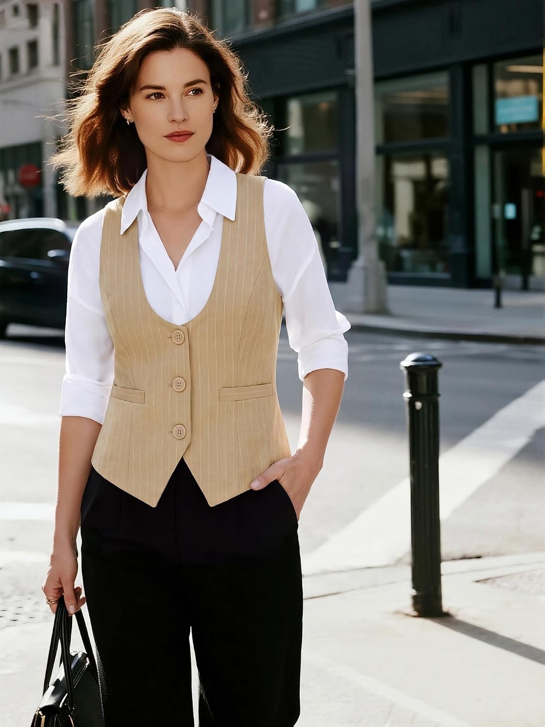 image:imageGRACE KARIN Womens Suit Vest Top Dressy Casual Sleeveless Button Waistcoat Fromal Steampunk Blazer for Work OfficeBeige Striped