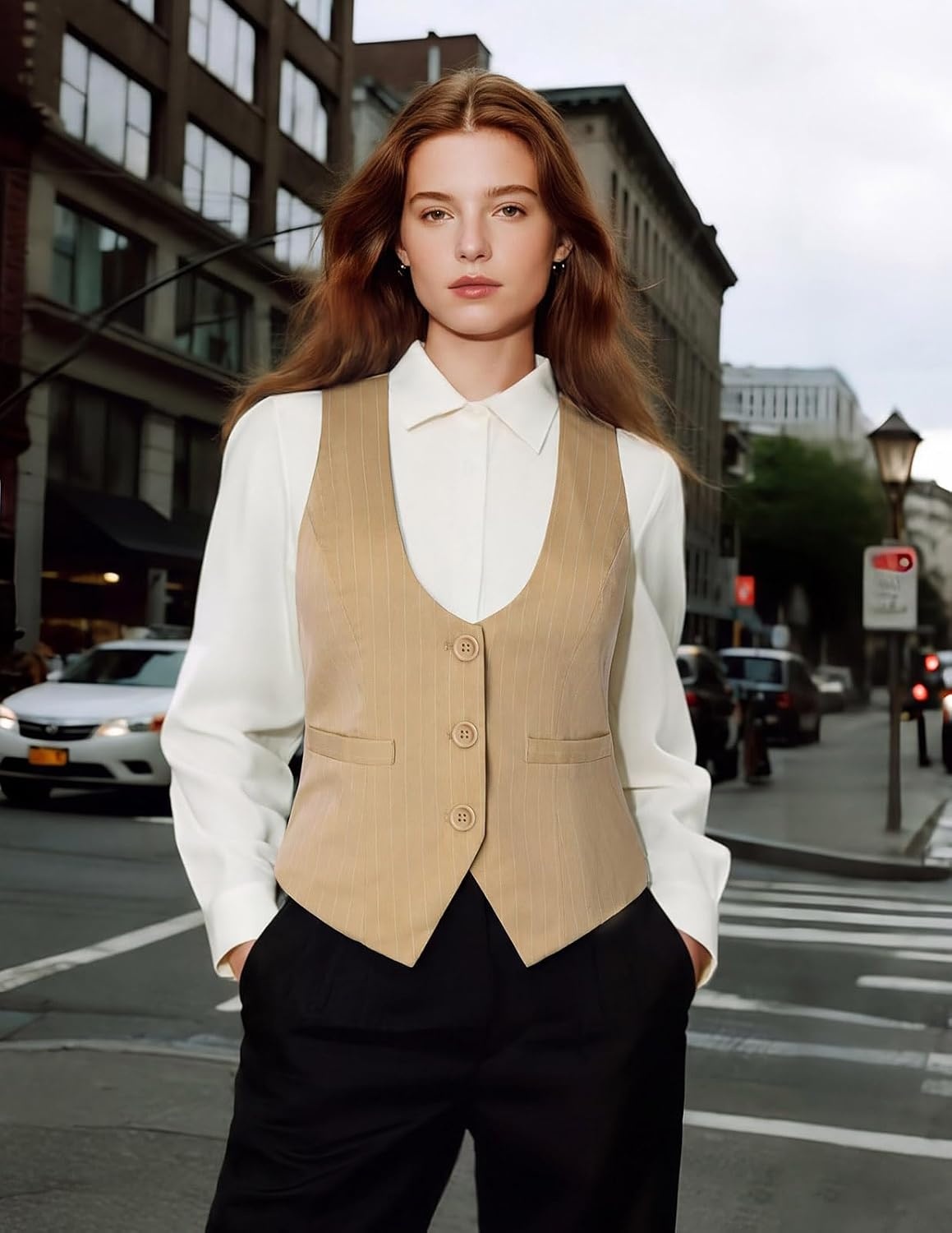 image:imageGRACE KARIN Womens Suit Vest Top Dressy Casual Sleeveless Button Waistcoat Fromal Steampunk Blazer for Work OfficeBeige Striped