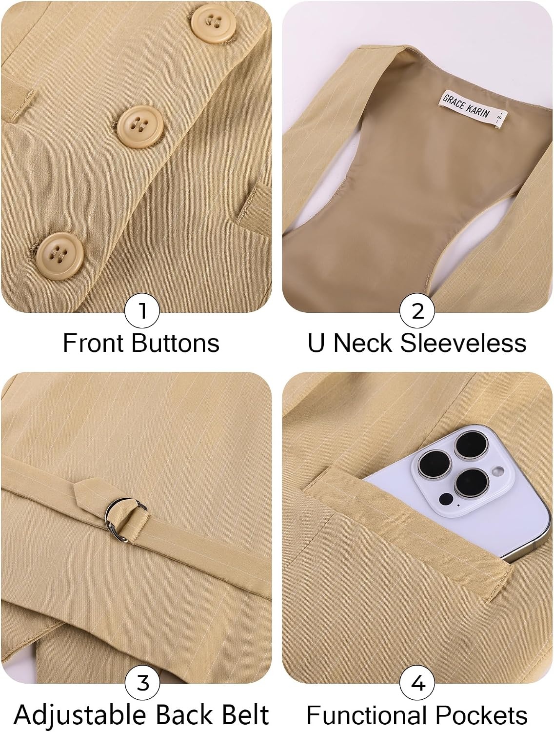 image:imageGRACE KARIN Womens Suit Vest Top Dressy Casual Sleeveless Button Waistcoat Fromal Steampunk Blazer for Work OfficeBeige Striped
