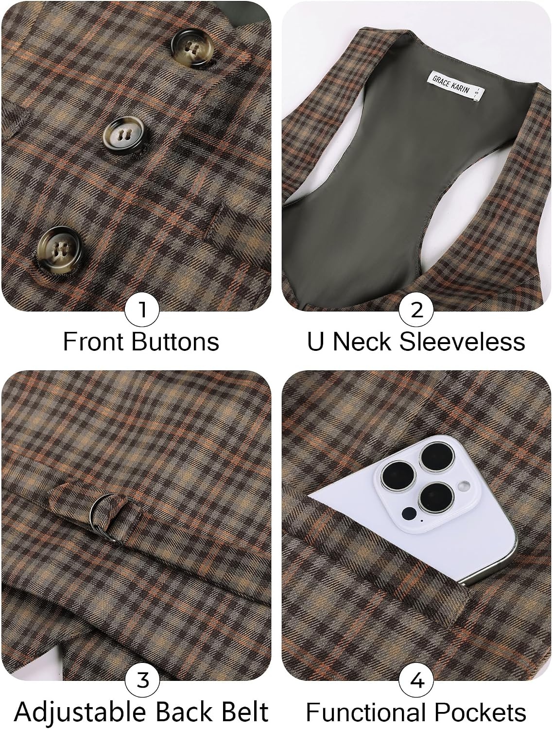 image:imageGRACE KARIN Womens Suit Vest Top Dressy Casual Sleeveless Button Waistcoat Fromal Steampunk Blazer for Work OfficeGray Yellow Plaid