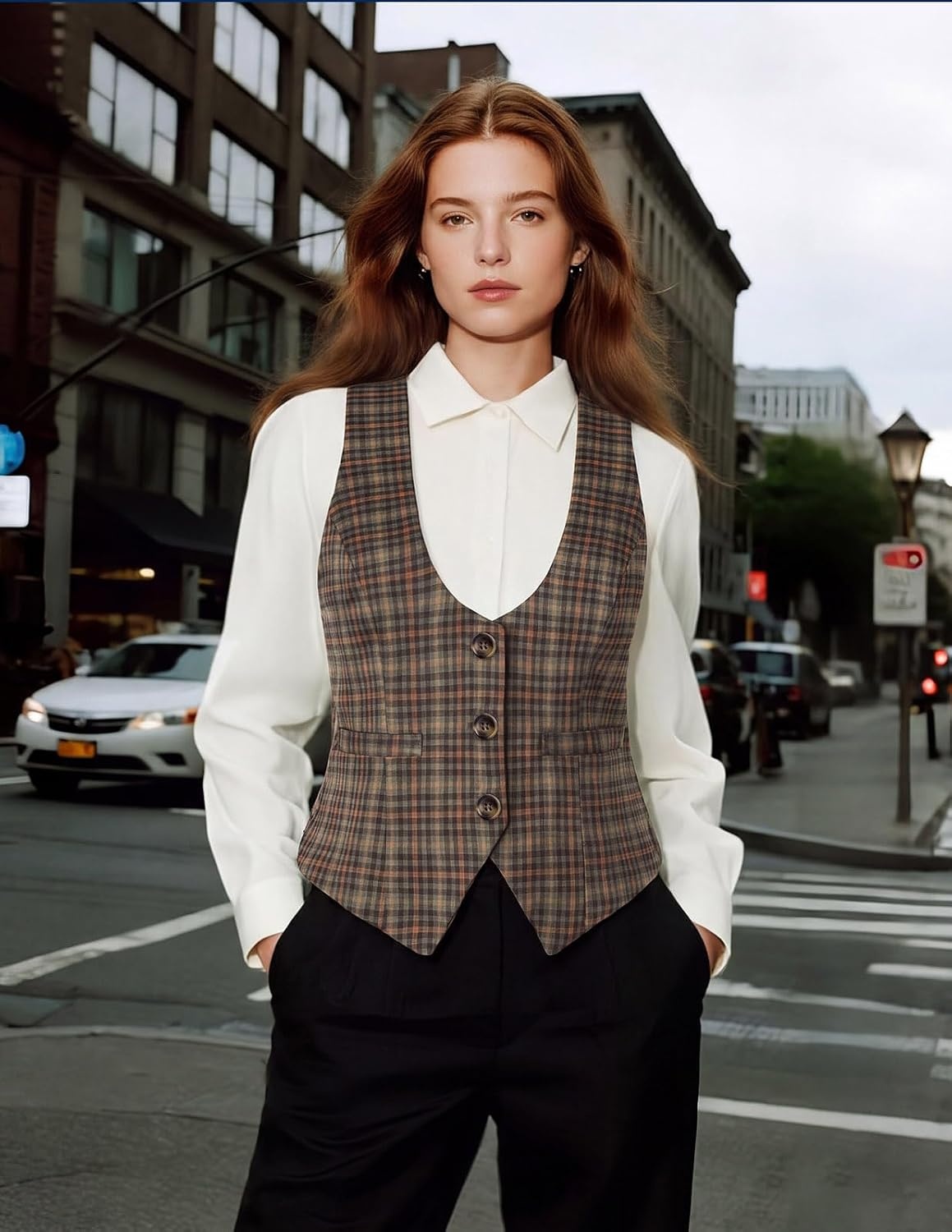 image:imageGRACE KARIN Womens Suit Vest Top Dressy Casual Sleeveless Button Waistcoat Fromal Steampunk Blazer for Work OfficeGray Yellow Plaid