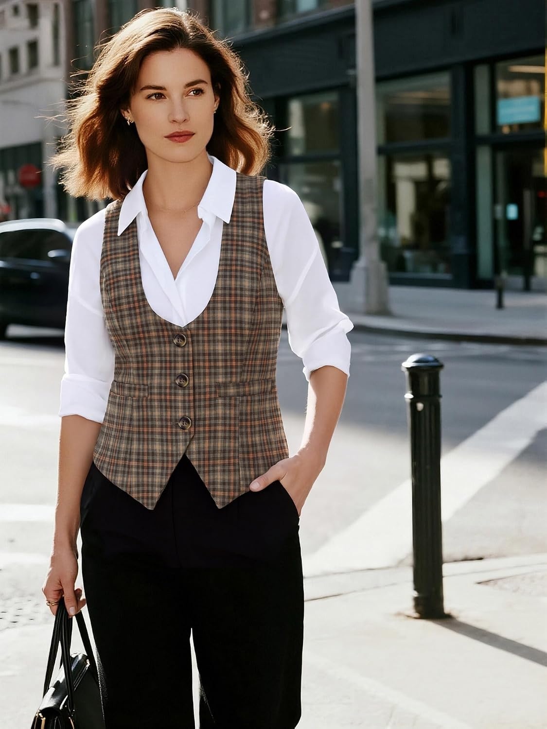 image:imageGRACE KARIN Womens Suit Vest Top Dressy Casual Sleeveless Button Waistcoat Fromal Steampunk Blazer for Work OfficeGray Yellow Plaid