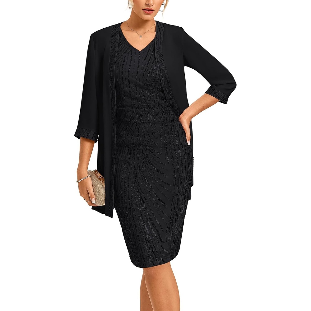 image:imageGRACE KARIN Wedding Guest Dress Two Piece Sequin Mother of Bride DressesBlack