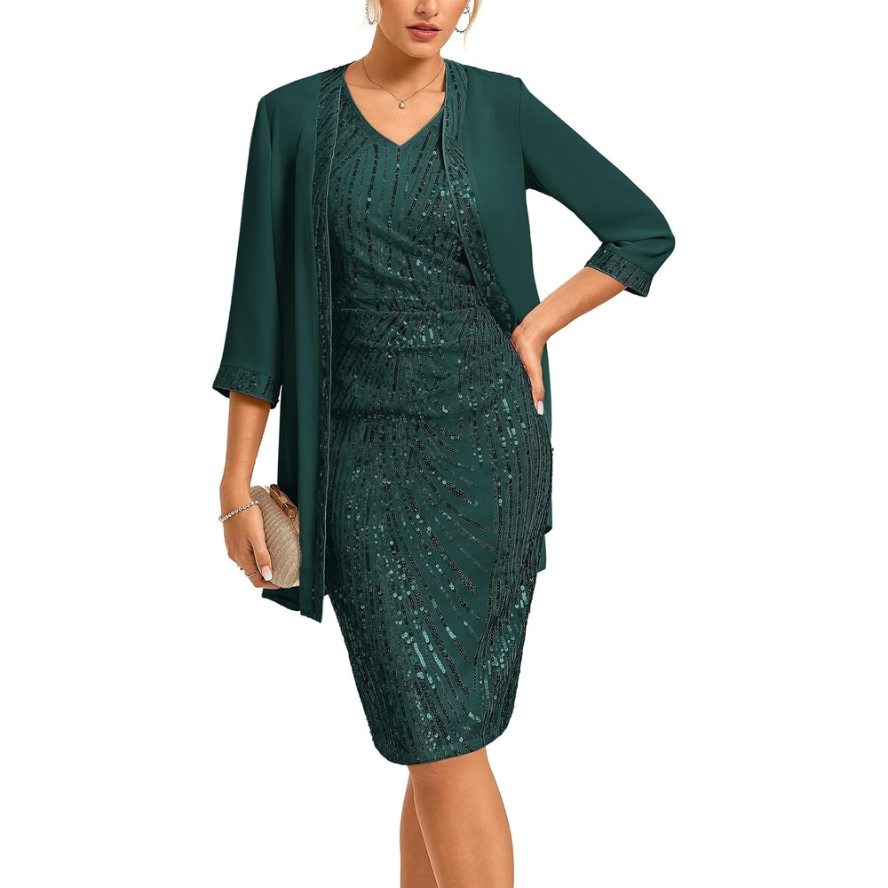 image:imageGRACE KARIN Wedding Guest Dress Two Piece Sequin Mother of Bride DressesDark Green