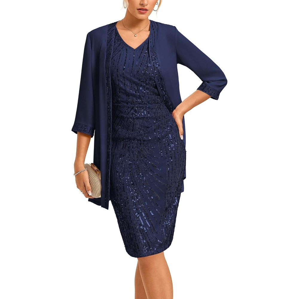 image:imageGRACE KARIN Wedding Guest Dress Two Piece Sequin Mother of Bride DressesNavy Blue
