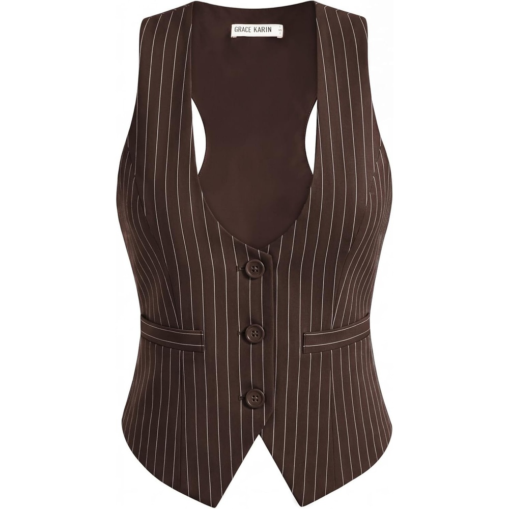 image:imageGRACE KARIN Womens Suit Vest Top Dressy Casual Sleeveless Button Waistcoat Fromal Steampunk Blazer for Work OfficeCoffee Striped
