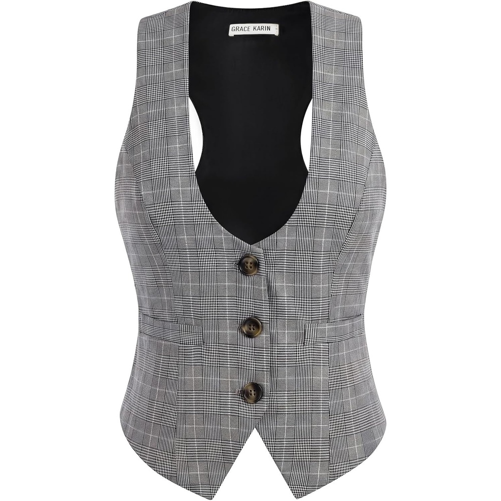 image:imageGRACE KARIN Womens Suit Vest Top Dressy Casual Sleeveless Button Waistcoat Fromal Steampunk Blazer for Work OfficeGray Plaid