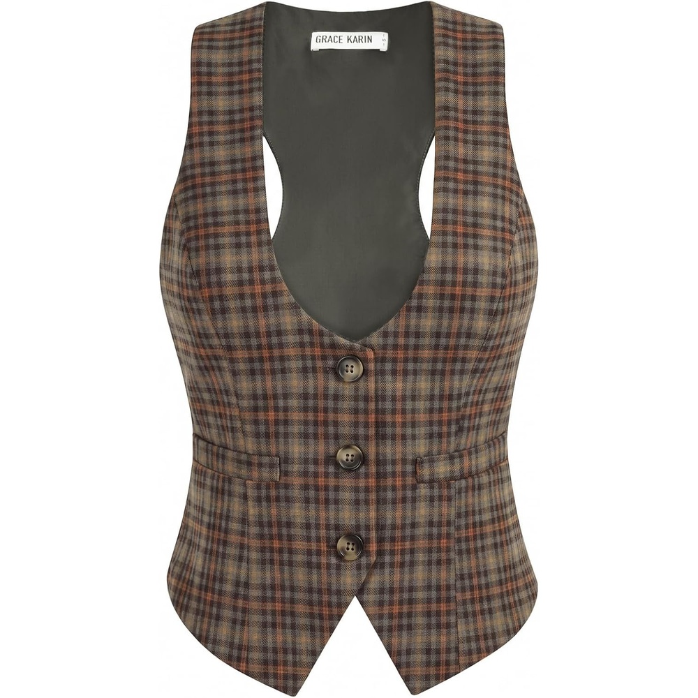 image:imageGRACE KARIN Womens Suit Vest Top Dressy Casual Sleeveless Button Waistcoat Fromal Steampunk Blazer for Work OfficeGray Yellow Plaid