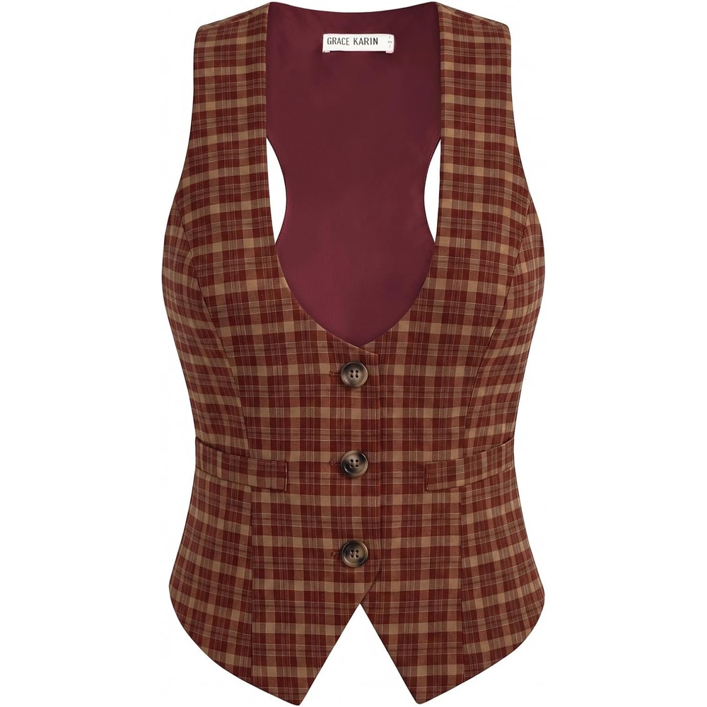 image:imageGRACE KARIN Womens Suit Vest Top Dressy Casual Sleeveless Button Waistcoat Fromal Steampunk Blazer for Work OfficeRed Khaki