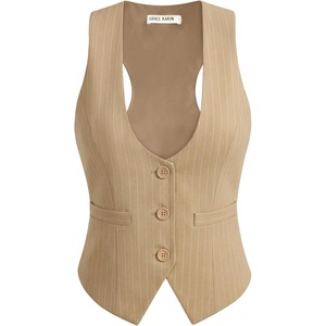 GRACE KARIN Women’s Suit Vest Top, Dressy Casual Sleeveless Button Waistcoat, Fromal Steampunk Blazer for Work Office(Beige Striped)