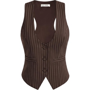 GRACE KARIN Women’s Suit Vest Top, Dressy Casual Sleeveless Button Waistcoat, Fromal Steampunk Blazer for Work Office(Coffee Striped)