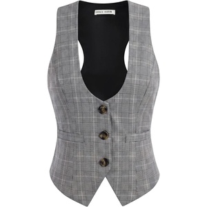 GRACE KARIN Women’s Suit Vest Top, Dressy Casual Sleeveless Button Waistcoat, Fromal Steampunk Blazer for Work Office(Gray Plaid)
